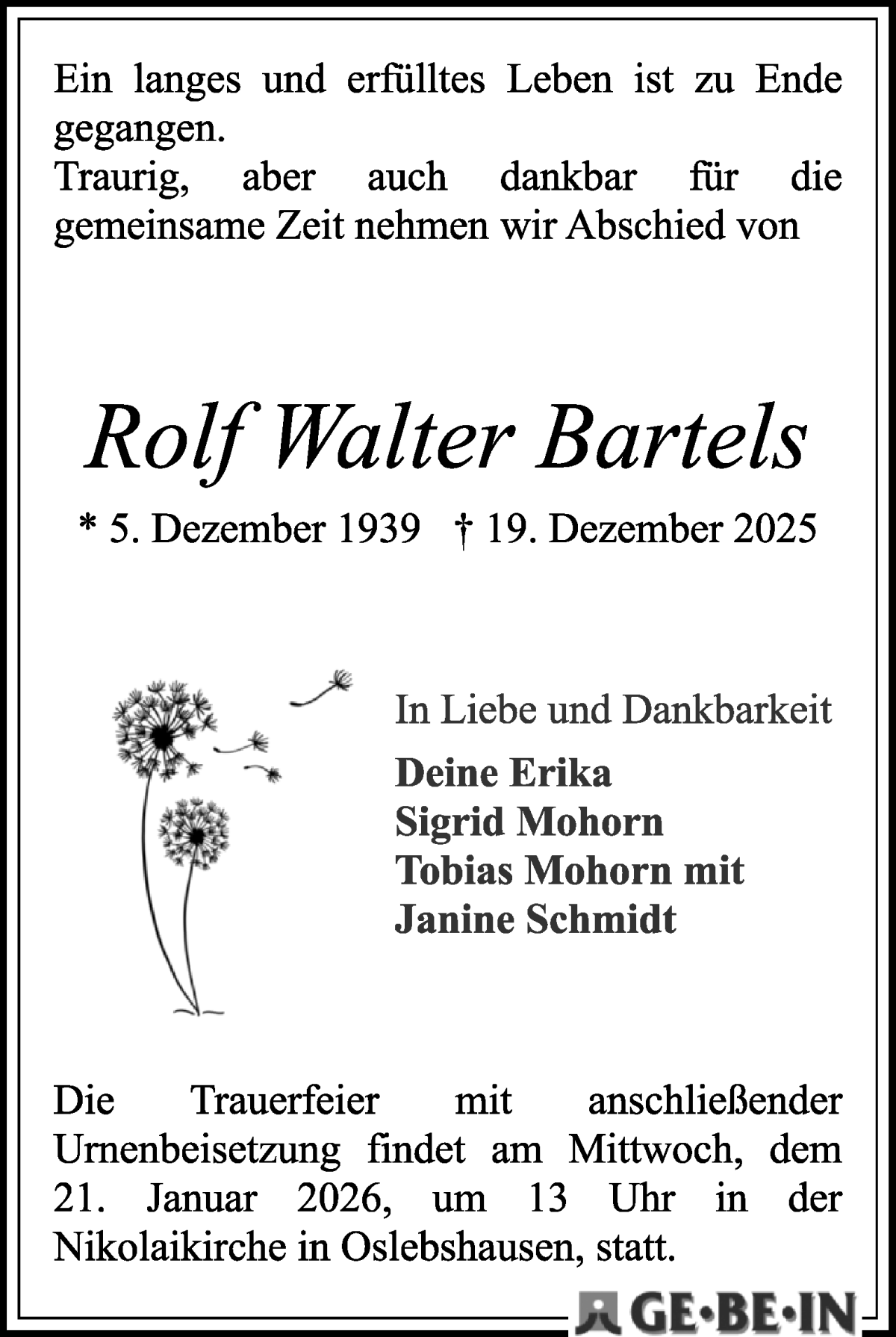 Traueranzeige von Rolf Walter Bartels von WESER-KURIER