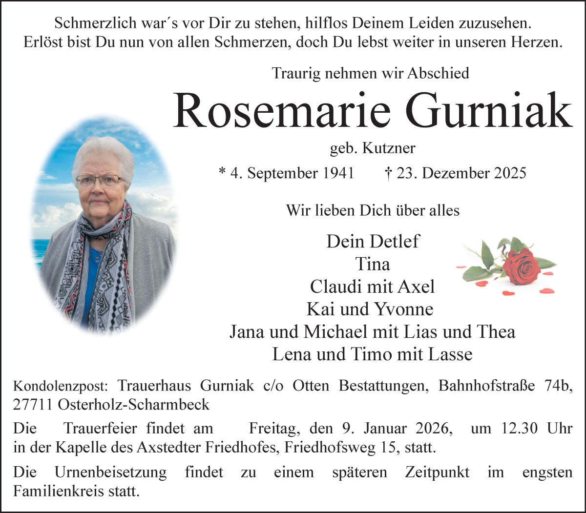 Traueranzeige von Rosemarie Gurniak von Osterholzer Kreisblatt