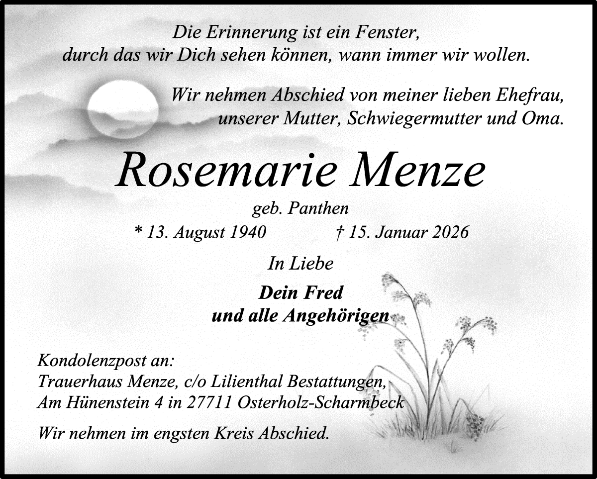 Traueranzeige von Rosemarie Menze von Osterholzer Kreisblatt