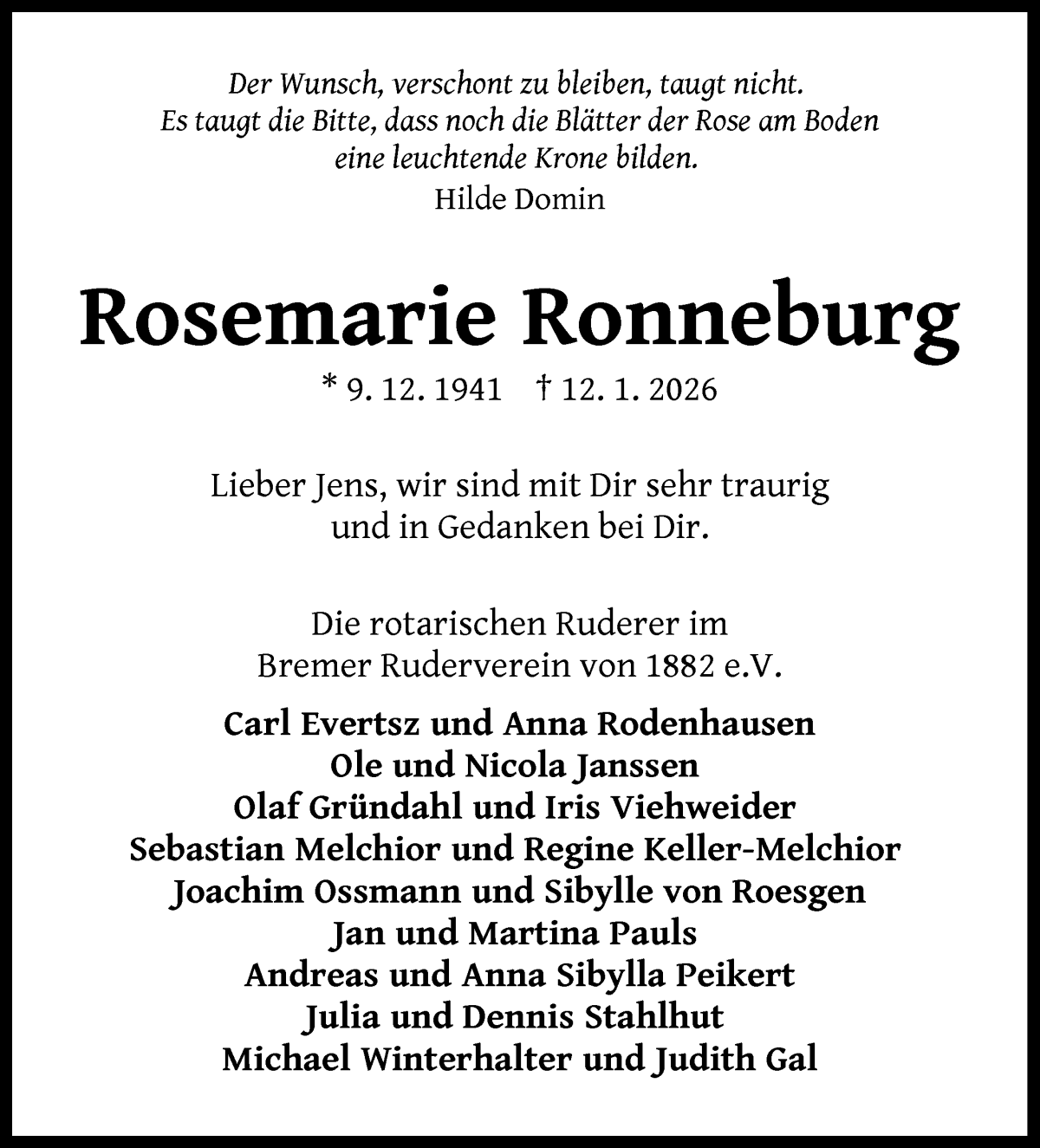 Traueranzeige von Rosemarie Ronneburg von WESER-KURIER