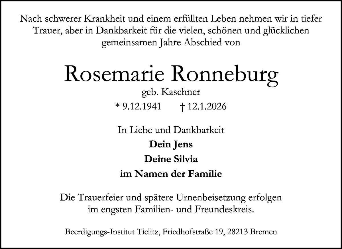Traueranzeige von Rosemarie Ronneburg von WESER-KURIER