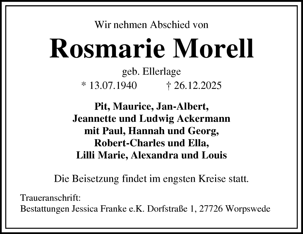 Traueranzeige von Rosmarie Morell von WESER-KURIER
