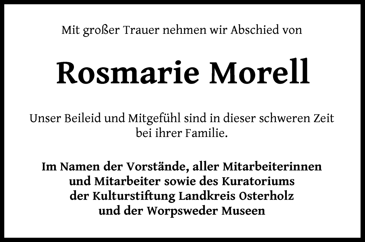 Traueranzeige von Rosmarie Morell von Wuemme Zeitung