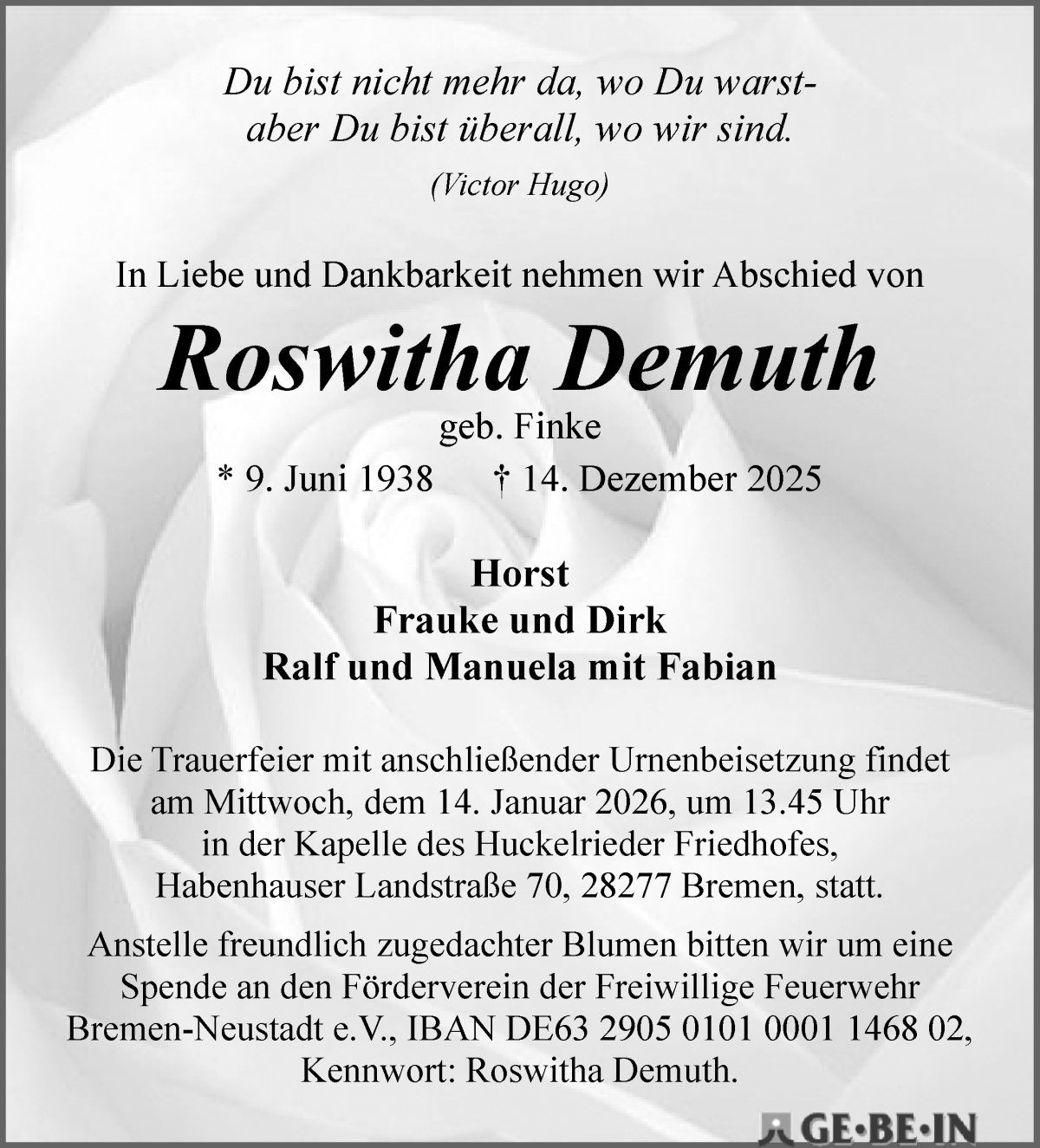  Traueranzeige für Roswitha Demuth vom 03.01.2026 aus WESER-KURIER
