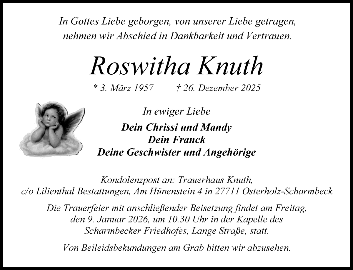 Traueranzeige von Roswitha Knuth von Osterholzer Kreisblatt
