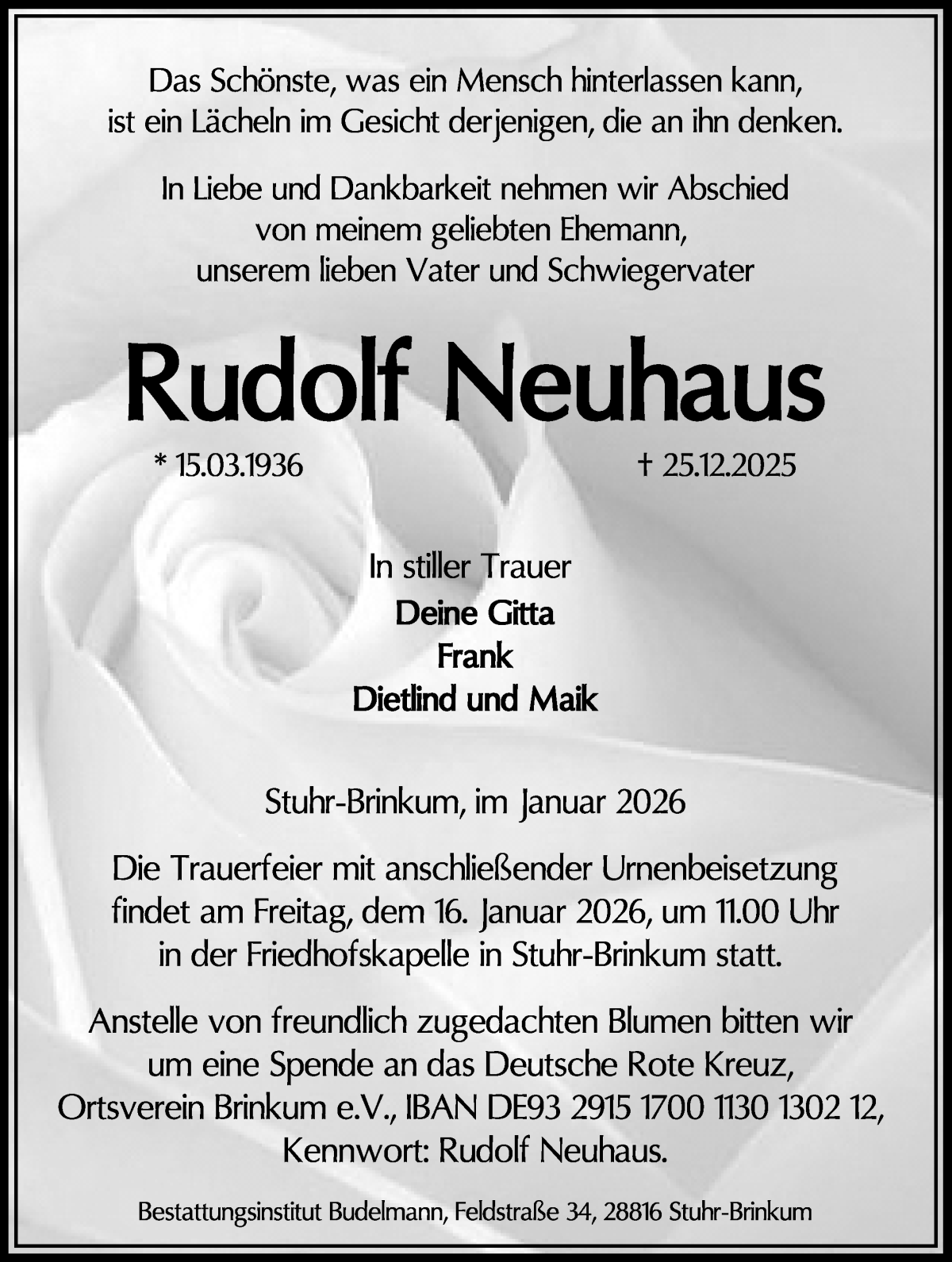 Traueranzeige von Rudolf Neuhaus von WESER-KURIER