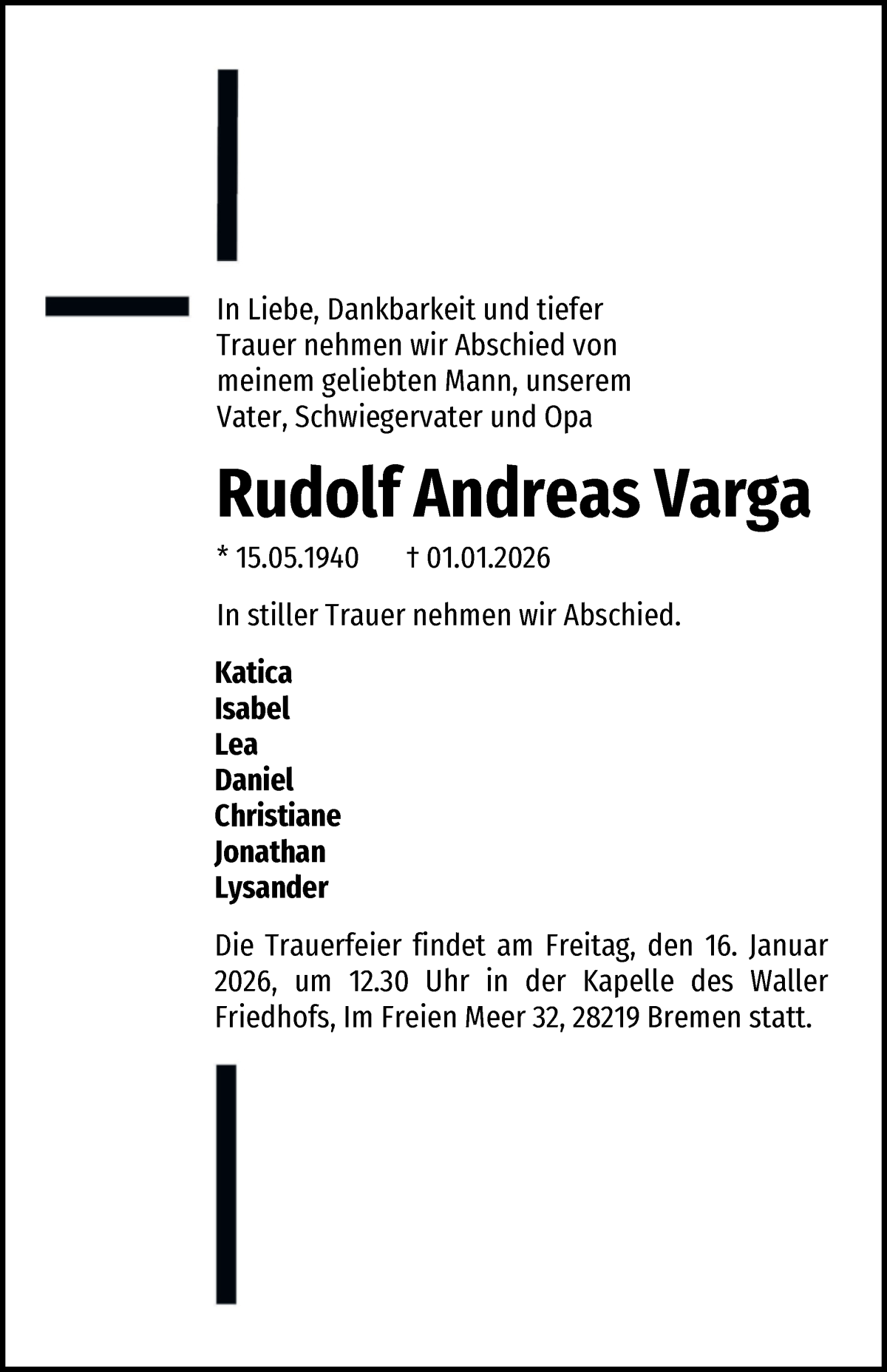 Traueranzeige von Rudolf Andreas Varga von WESER-KURIER