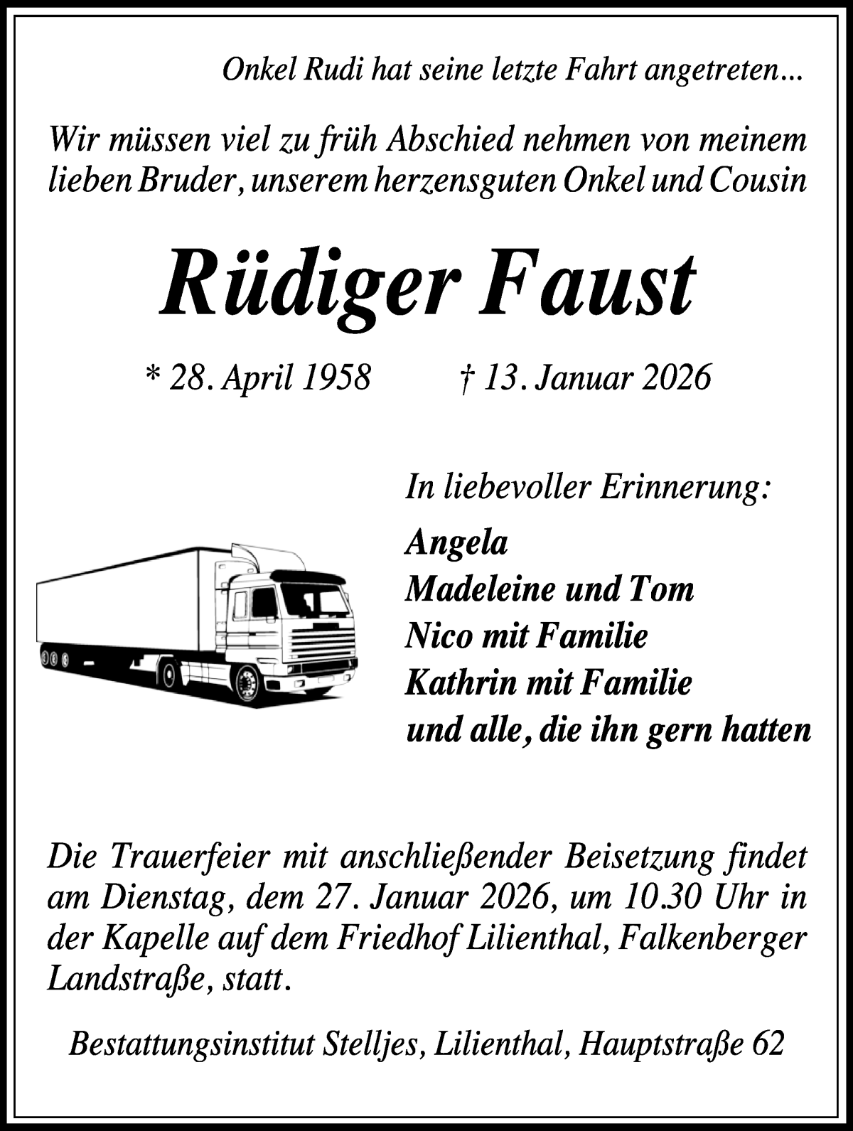 Traueranzeige von Rüdiger Faust von Wuemme Zeitung
