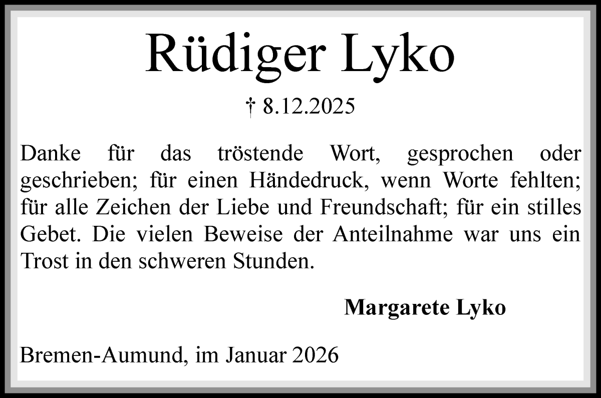 Traueranzeige von Rüdiger Lyko von Die Norddeutsche