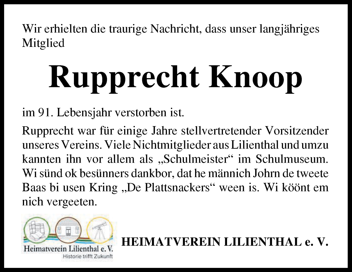 Traueranzeige von Rupprecht Knoop von Wuemme Zeitung