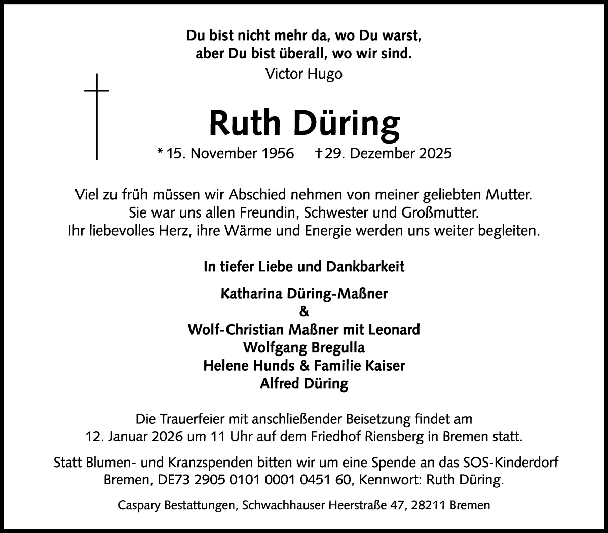 Traueranzeige von Ruth Düring von WESER-KURIER
