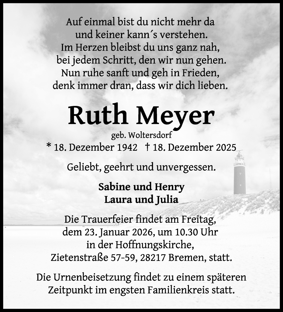 Traueranzeige von Ruth Meyer von WESER-KURIER