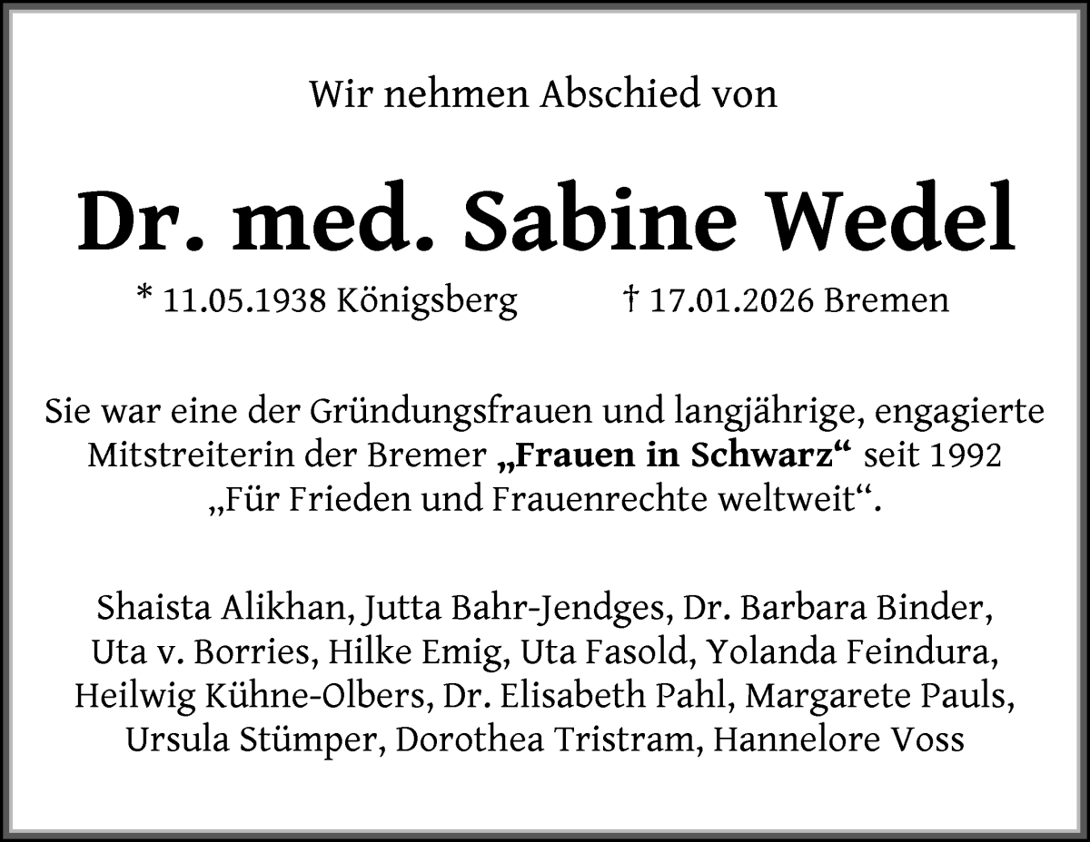 Traueranzeige von Sabine Wedel von WESER-KURIER