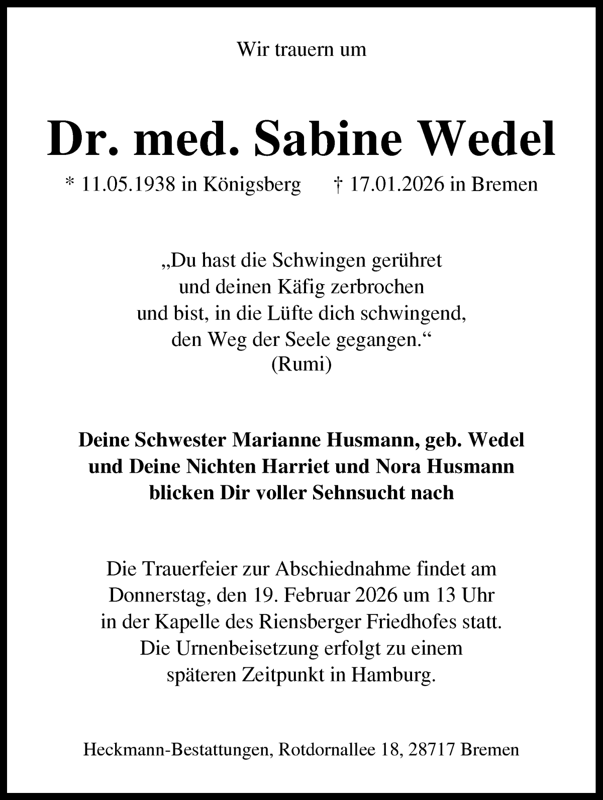 Traueranzeige von Sabine Wedel von WESER-KURIER