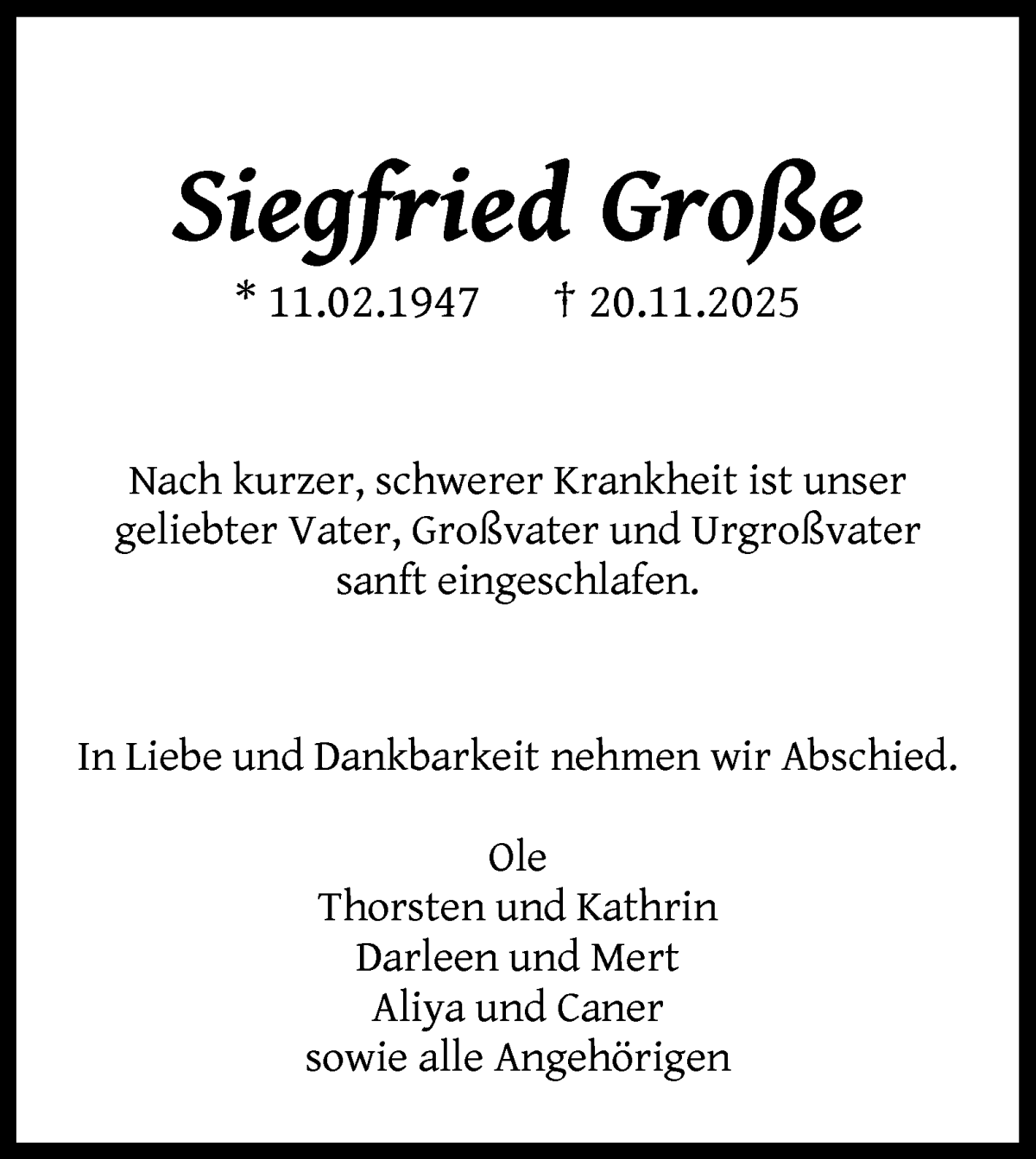 Traueranzeige von Siegfried Große von Die Norddeutsche
