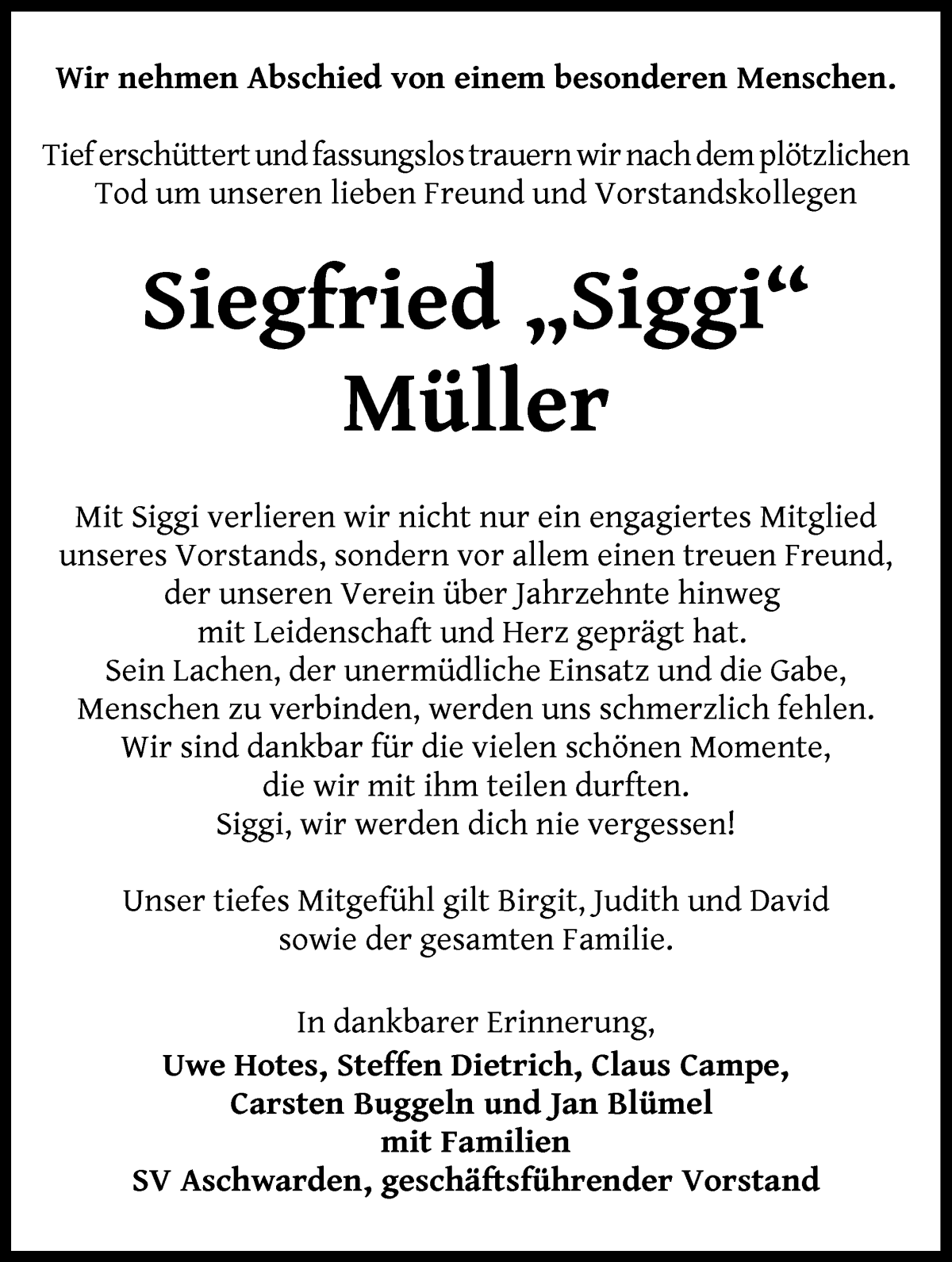 Traueranzeige von Siegfried Müller von Die Norddeutsche