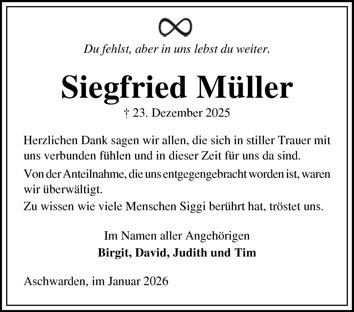 Traueranzeige von Siegfried Müller von Die Norddeutsche