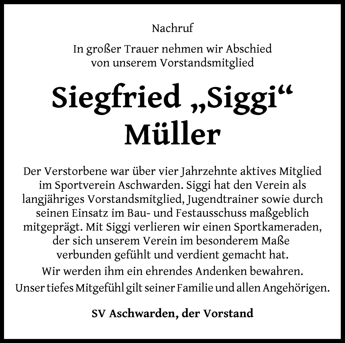 Traueranzeige von Siegfried Müller von Die Norddeutsche