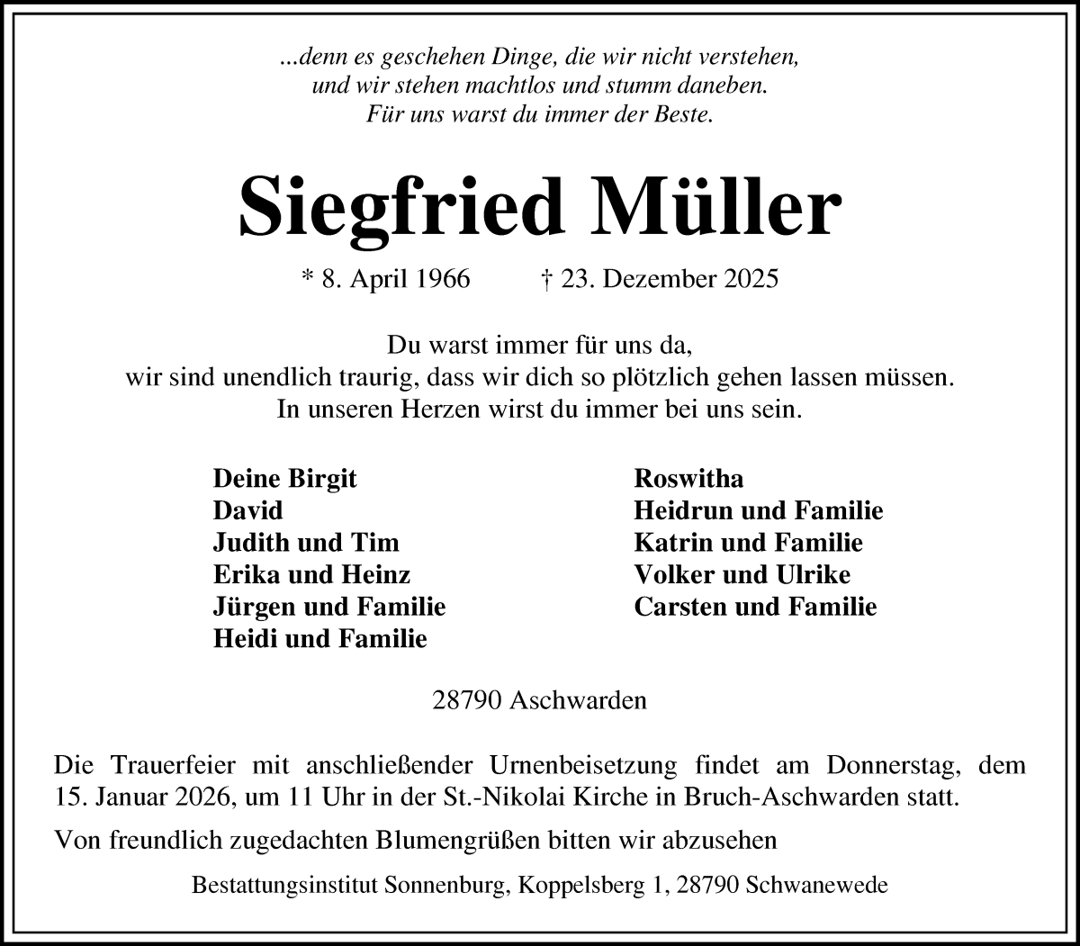 Traueranzeige von Siegfried Müller von Die Norddeutsche