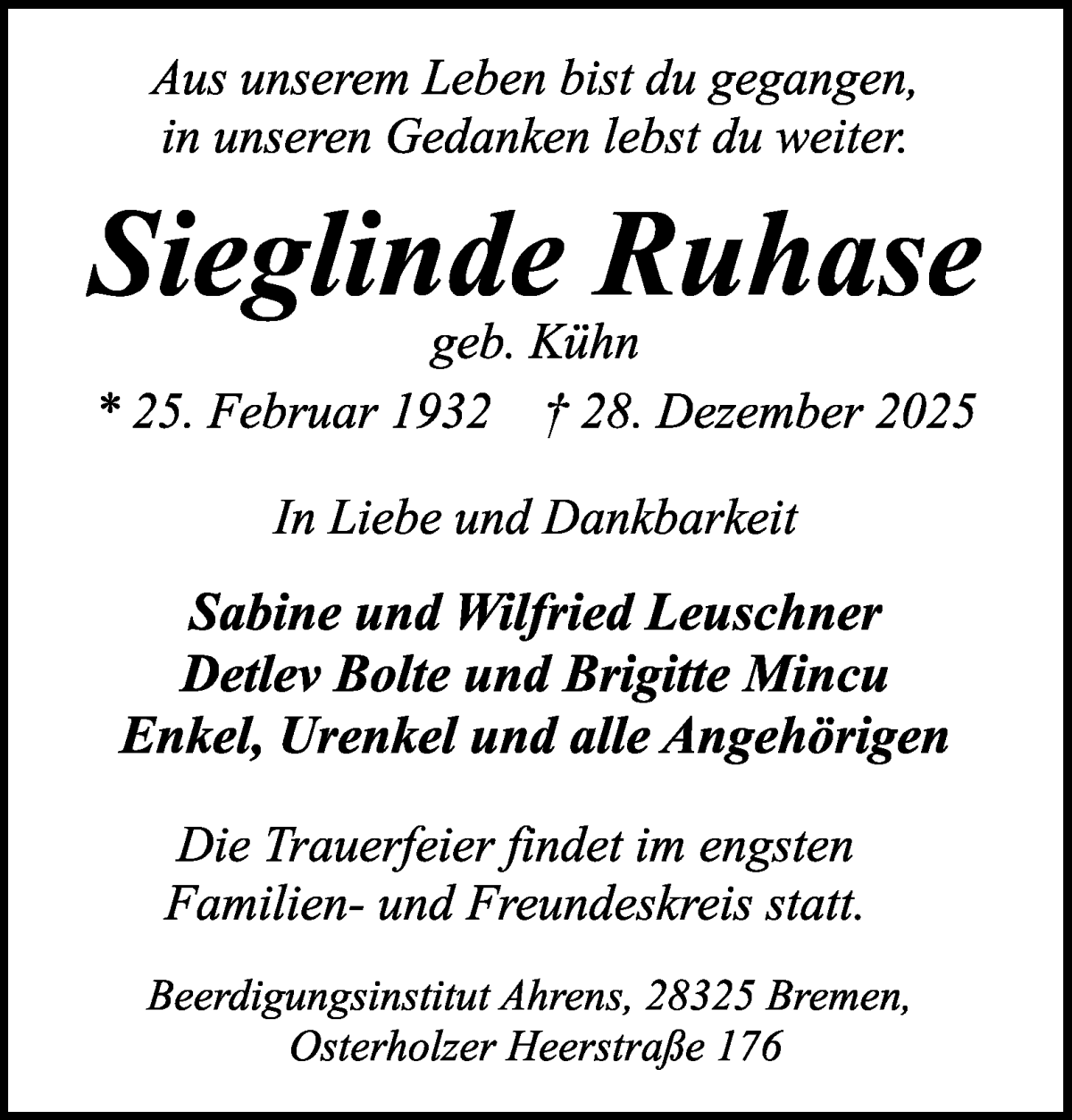 Traueranzeige von Sieglinde Ruhase von WESER-KURIER