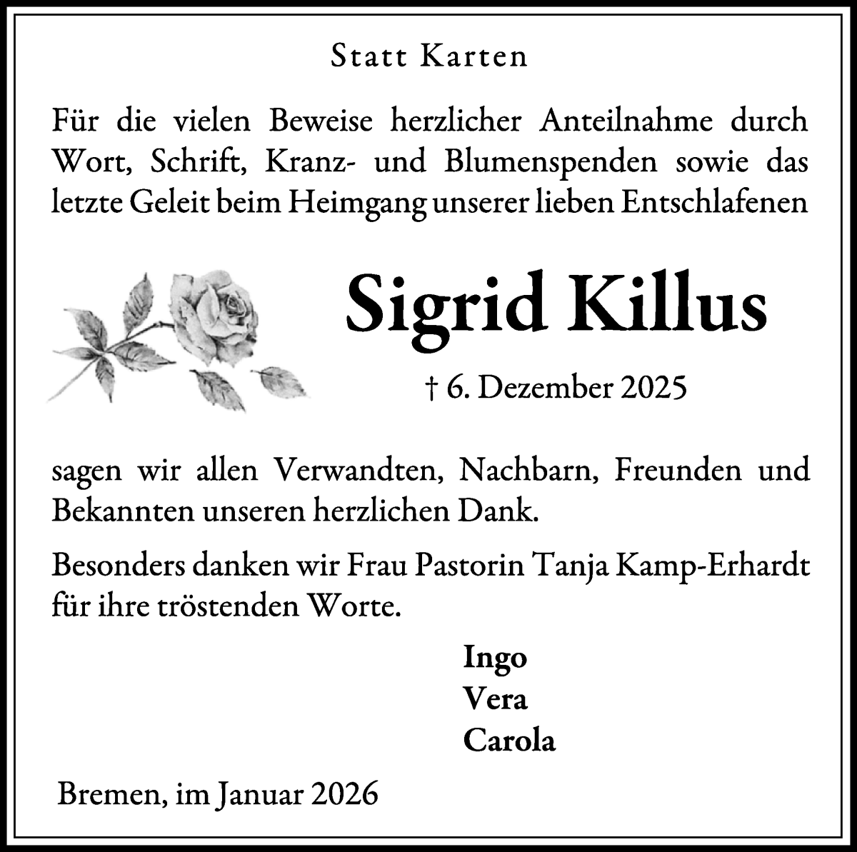Traueranzeige von Sigrid Killus von Wuemme Zeitung