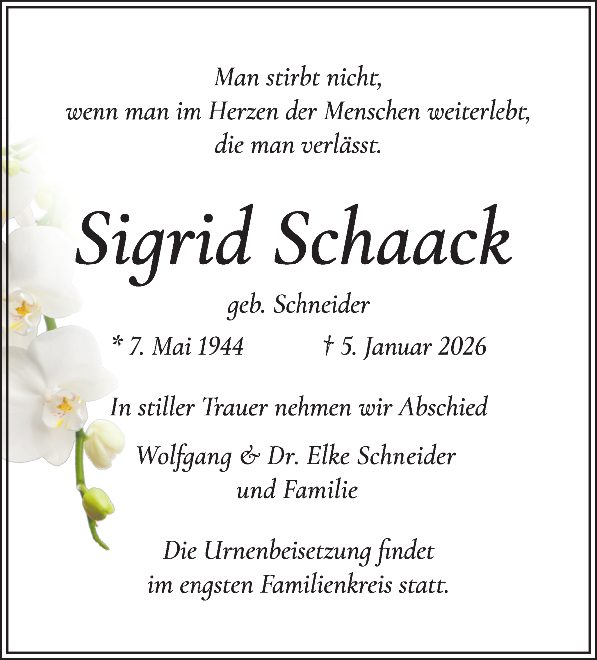  Traueranzeige für Sigrid Schaack vom 10.01.2026 aus WESER-KURIER