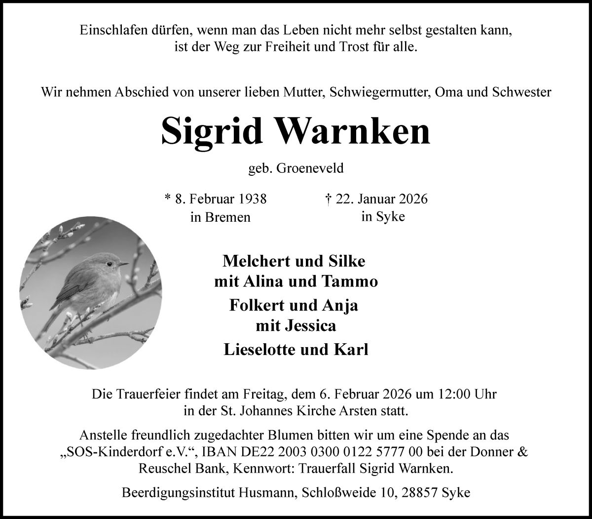  Traueranzeige für Sigrid Warnken vom 31.01.2026 aus WESER-KURIER