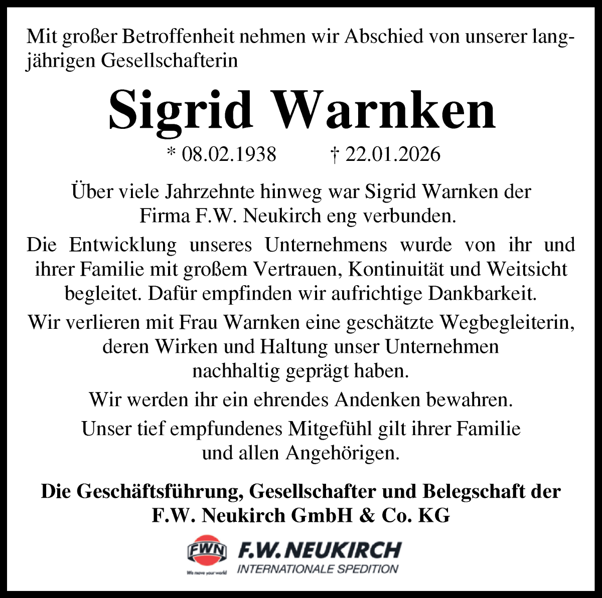  Traueranzeige für Sigrid Warnken vom 31.01.2026 aus WESER-KURIER