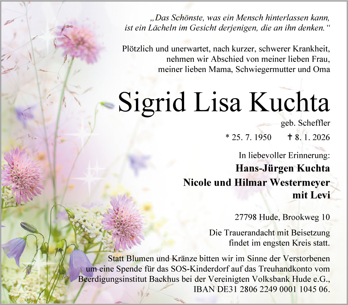 Traueranzeige von Sigrid Lisa Kuchta von Die Norddeutsche