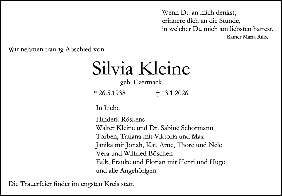 Traueranzeige von Silvia Kleine von WESER-KURIER
