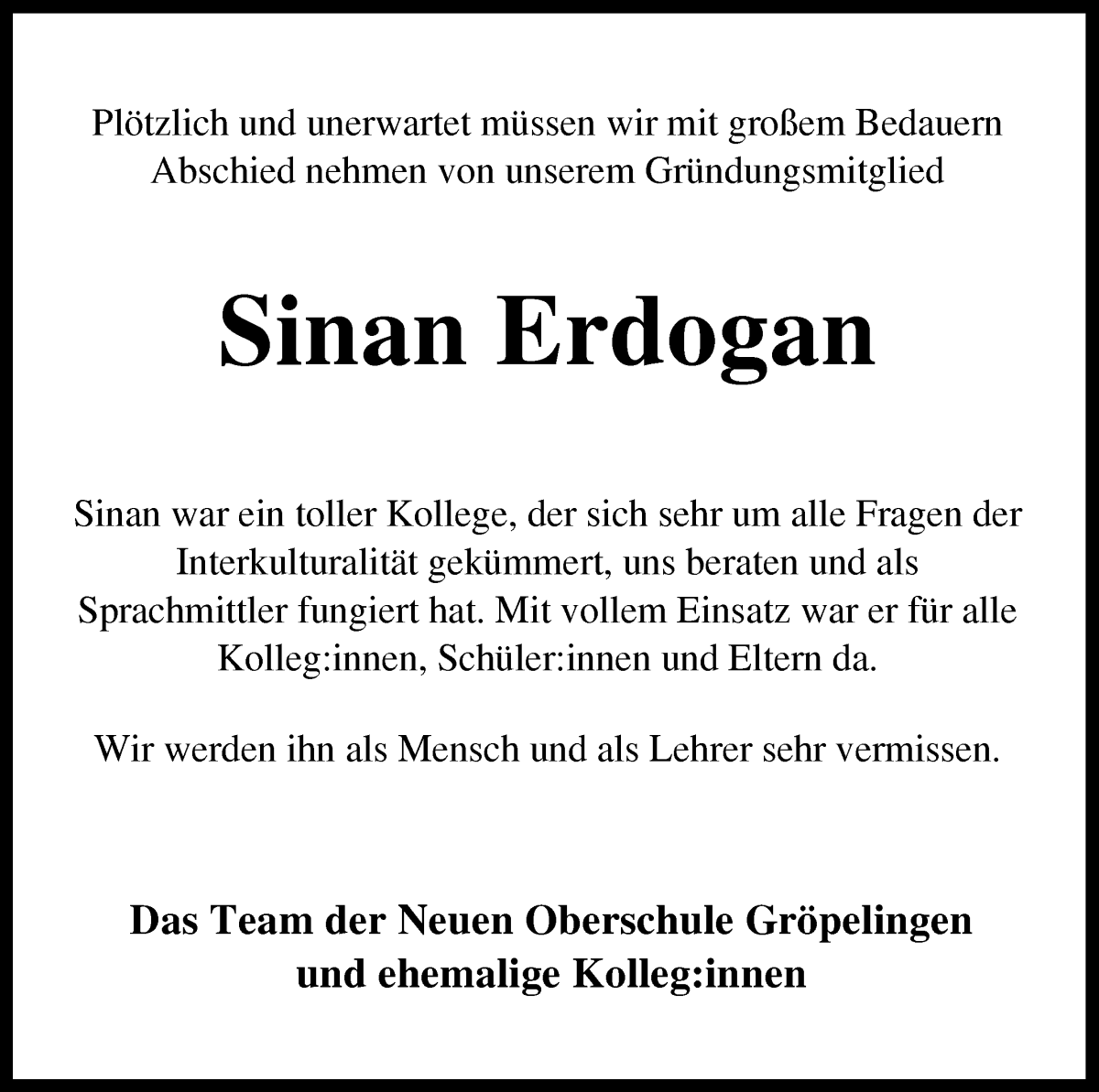 Traueranzeige von Sinan Erdogan von WESER-KURIER