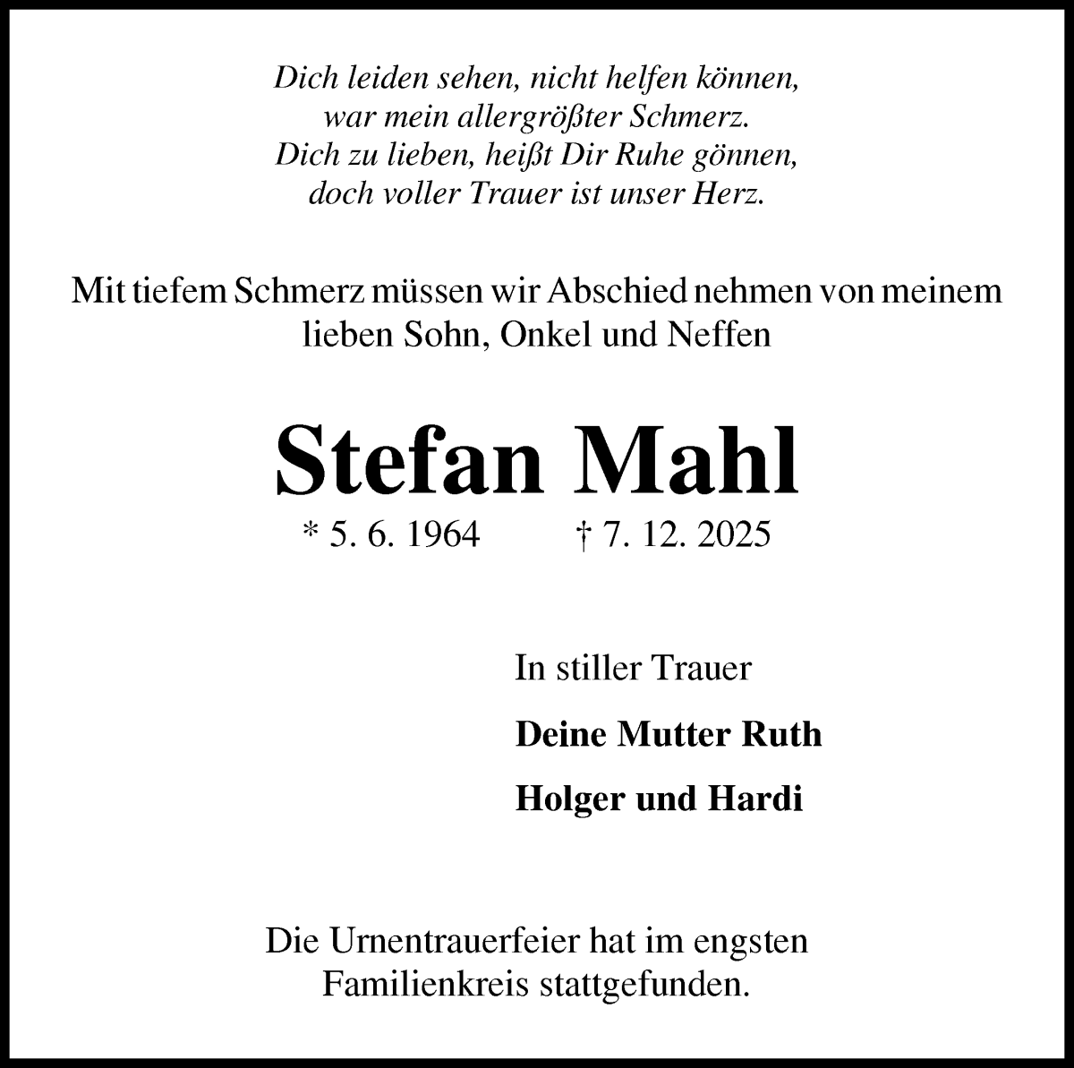 Traueranzeige von Stefan Mahl von Die Norddeutsche