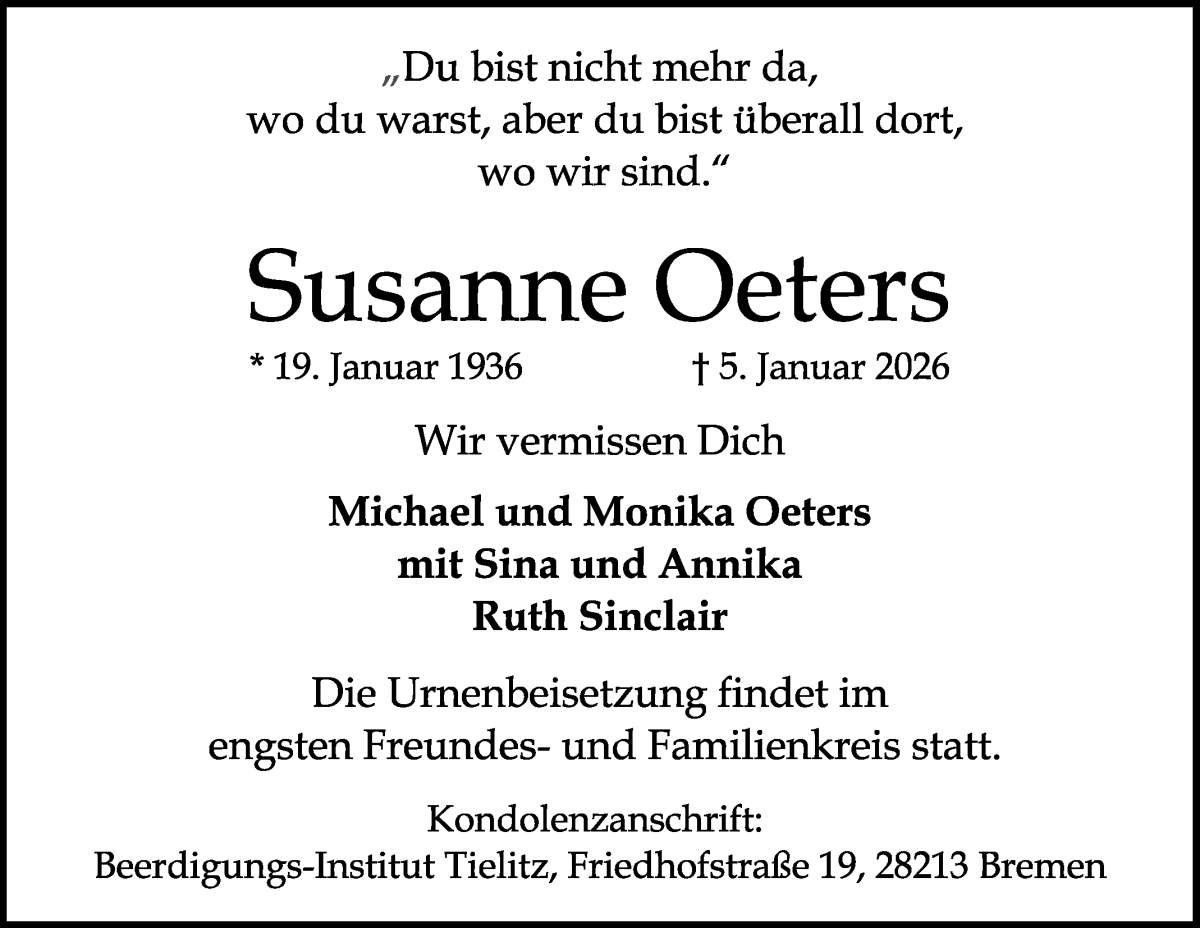 Traueranzeige von Susanne Oeters von WESER-KURIER