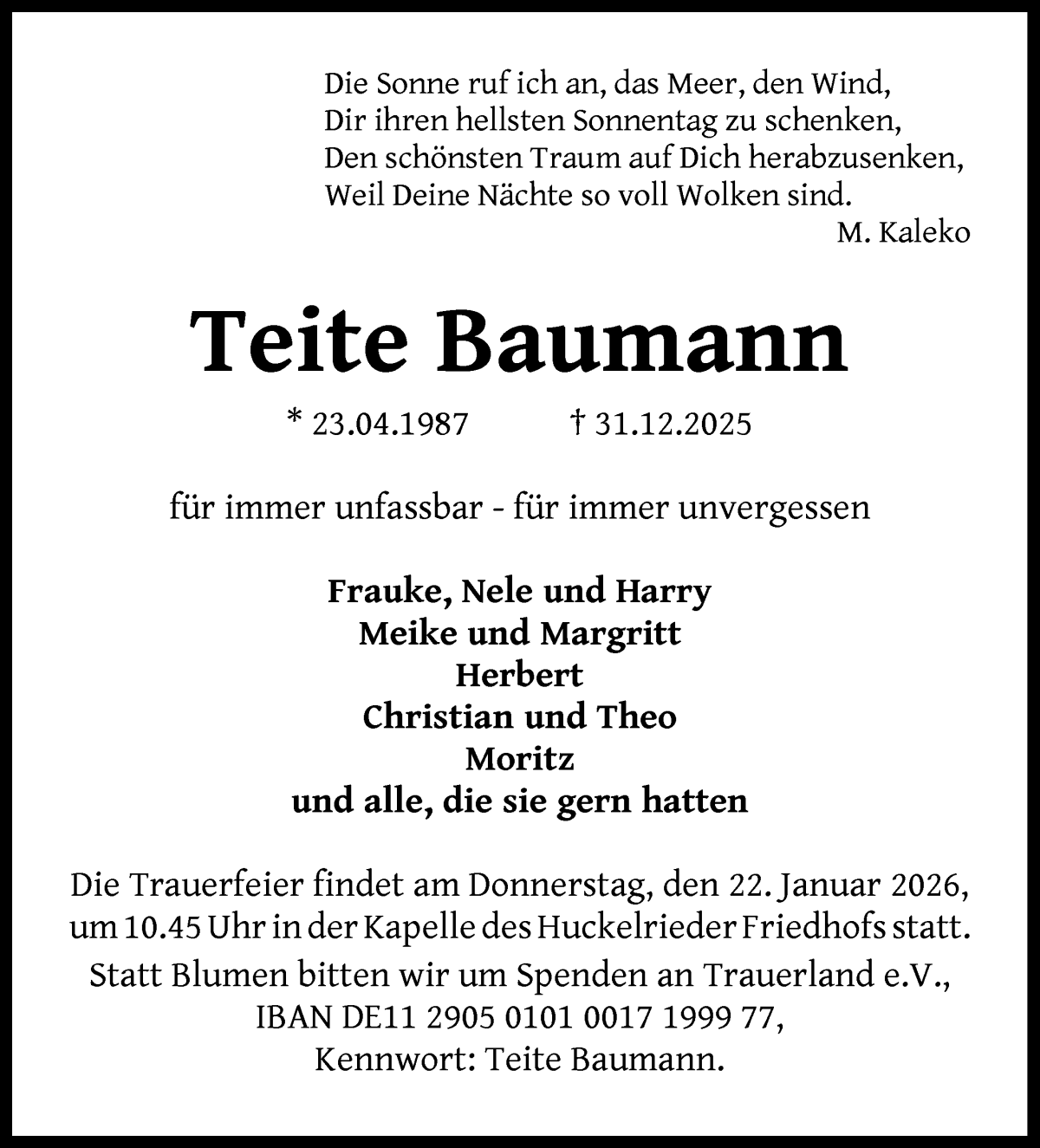  Traueranzeige für Teite Baumann vom 20.01.2026 aus WESER-KURIER