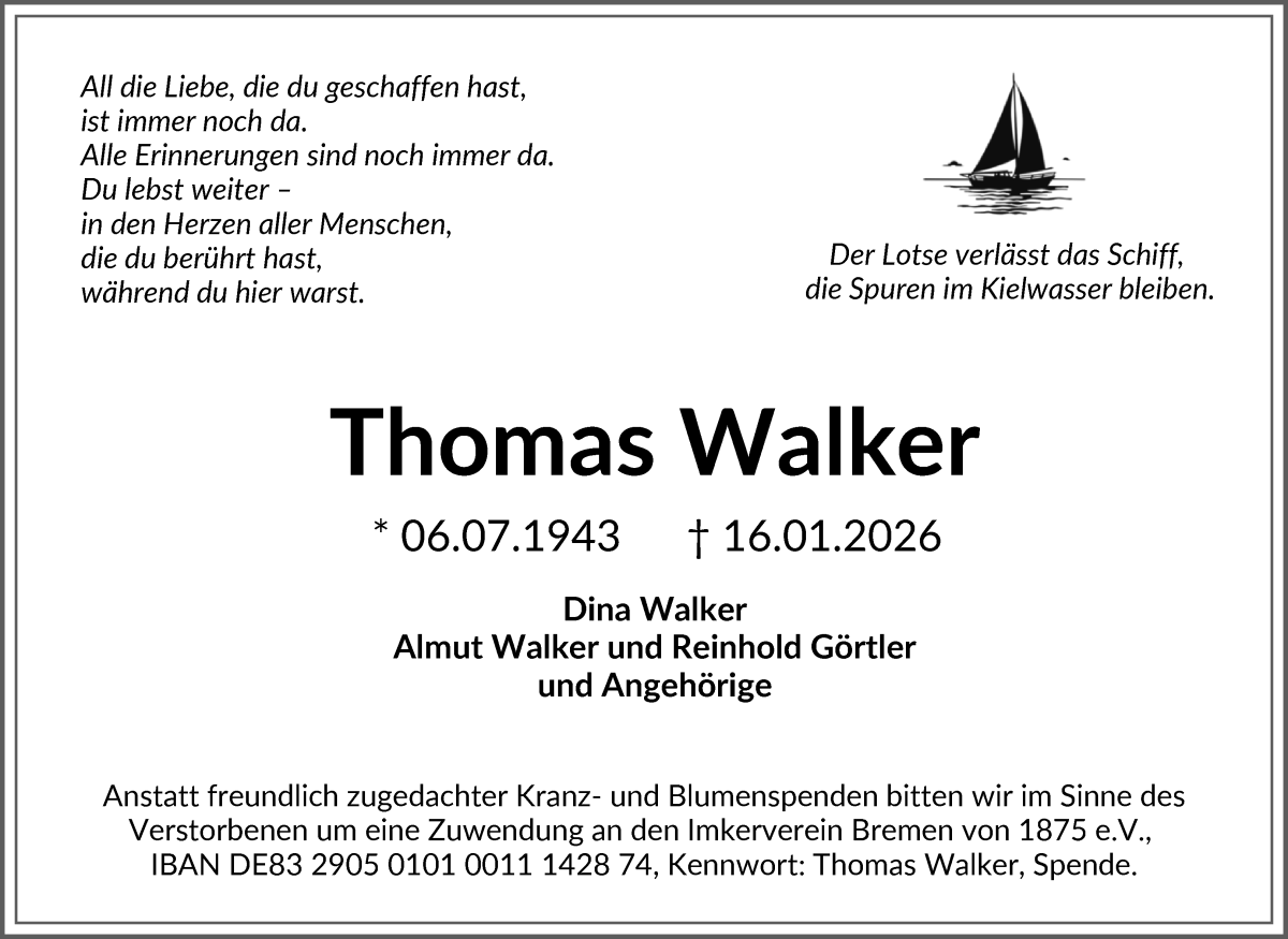 Traueranzeige von Thomas Walker von WESER-KURIER