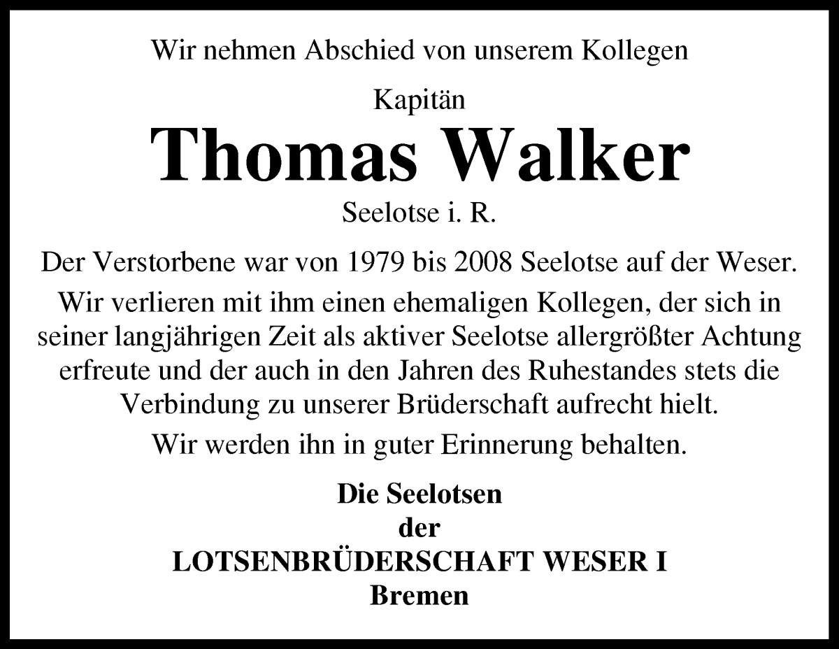 Traueranzeige von Thomas Walker von WESER-KURIER