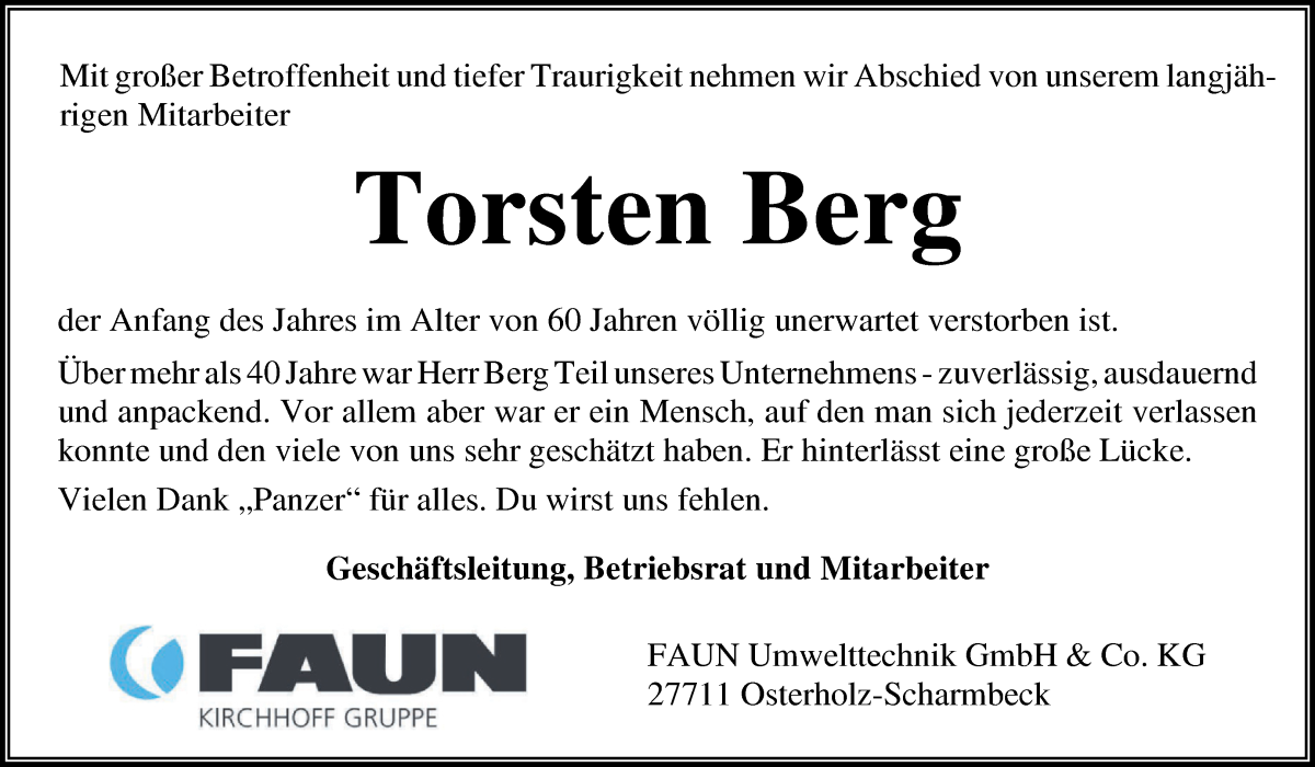 Traueranzeige von Torsten Berg von Osterholzer Kreisblatt