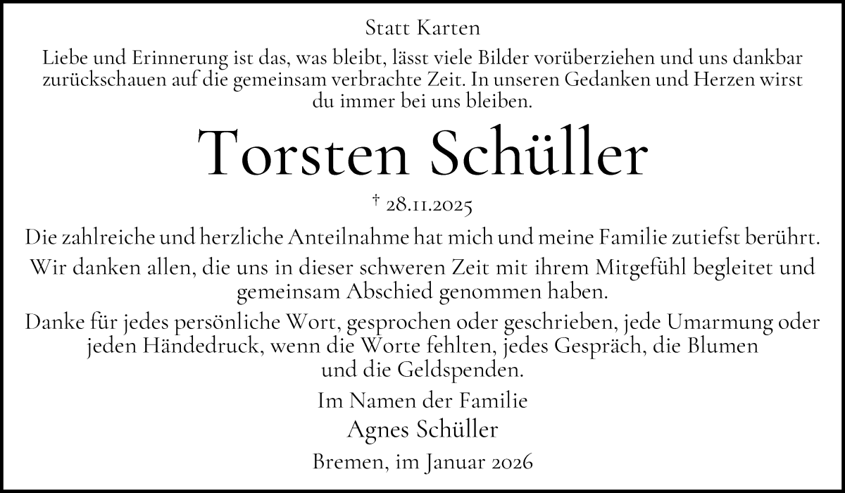  Traueranzeige für Torsten Schüller vom 17.01.2026 aus WESER-KURIER
