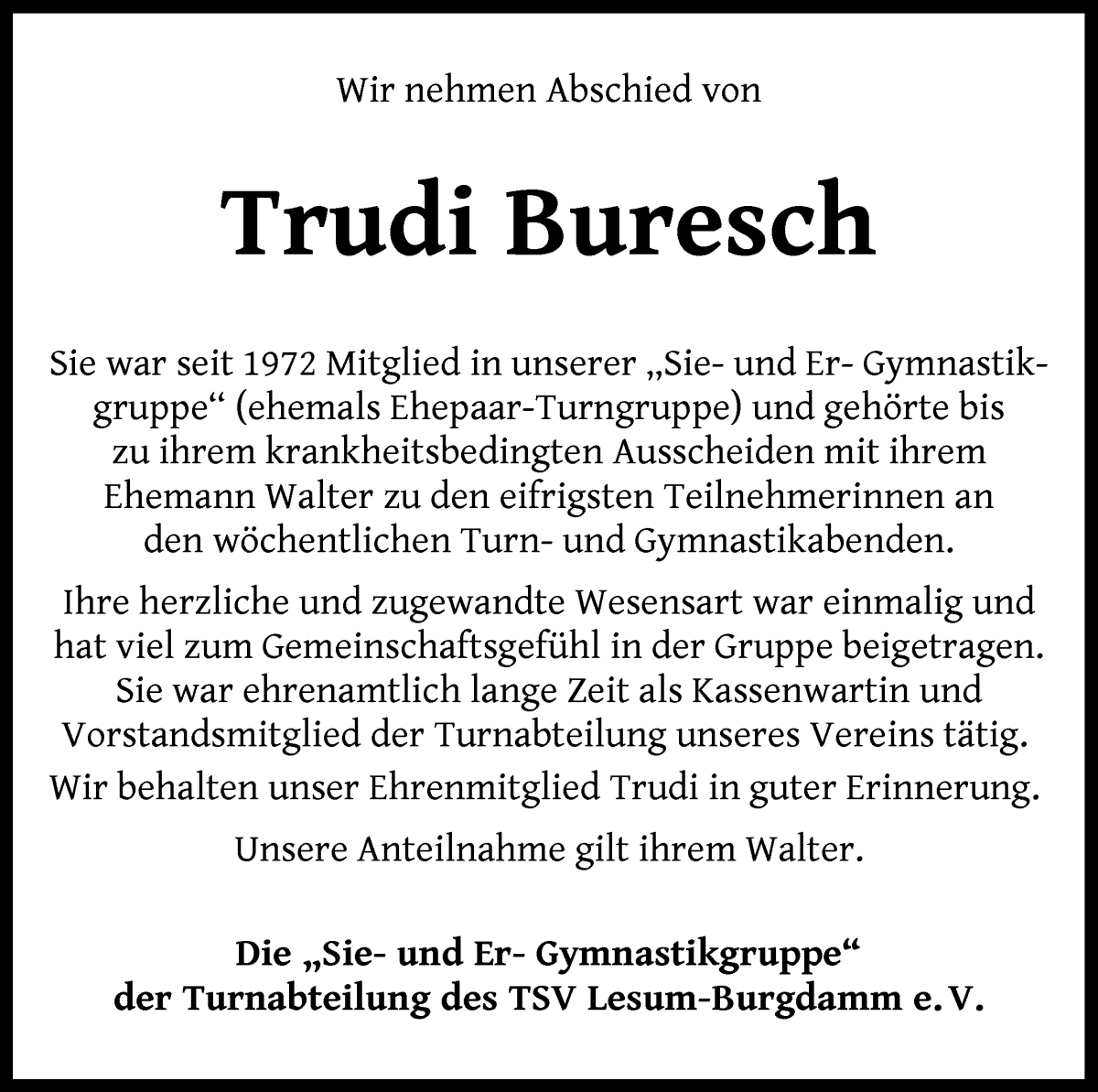 Traueranzeige von Trudi Buresch von Die Norddeutsche