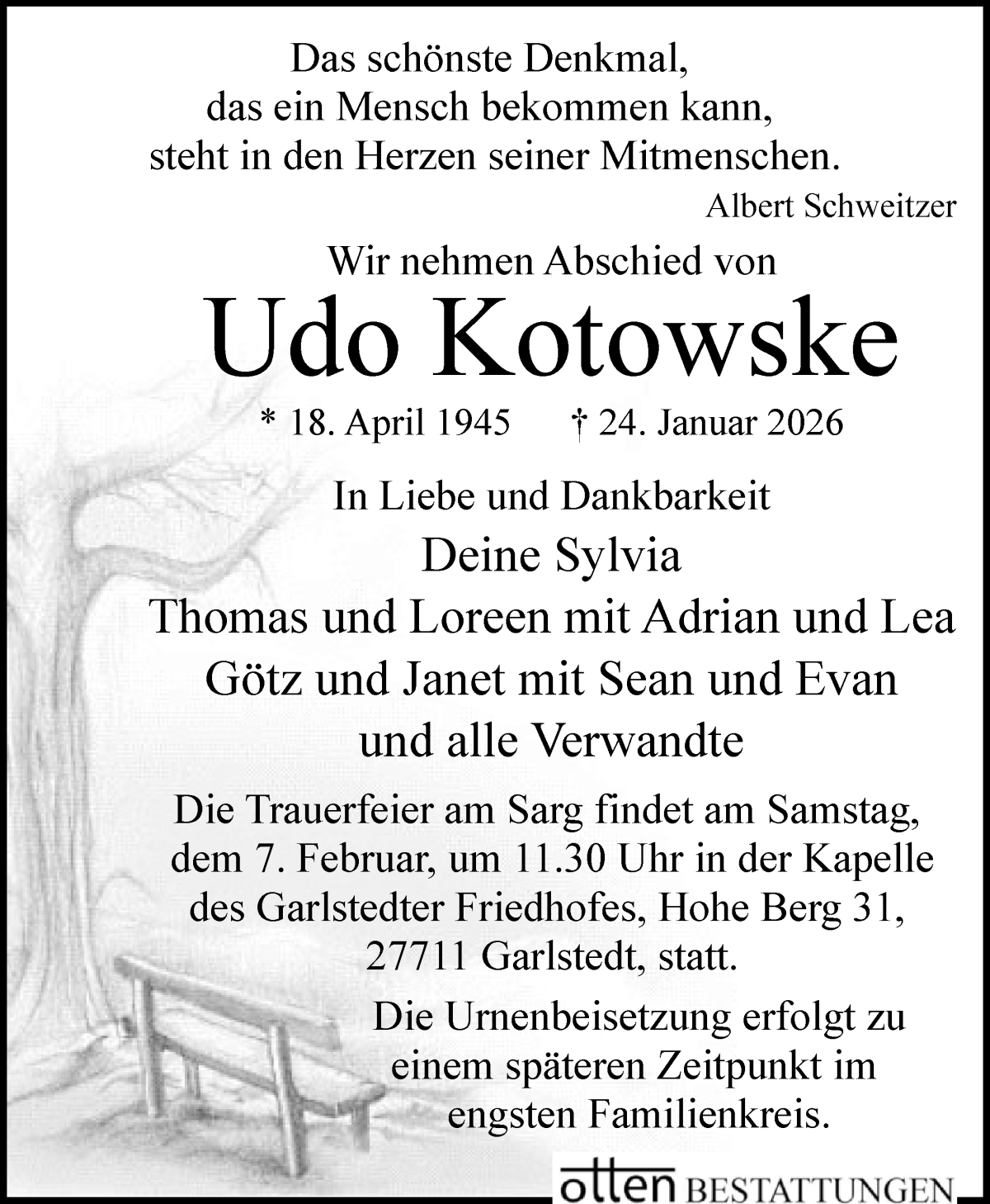 Traueranzeige von Udo Kotowske von Osterholzer Kreisblatt
