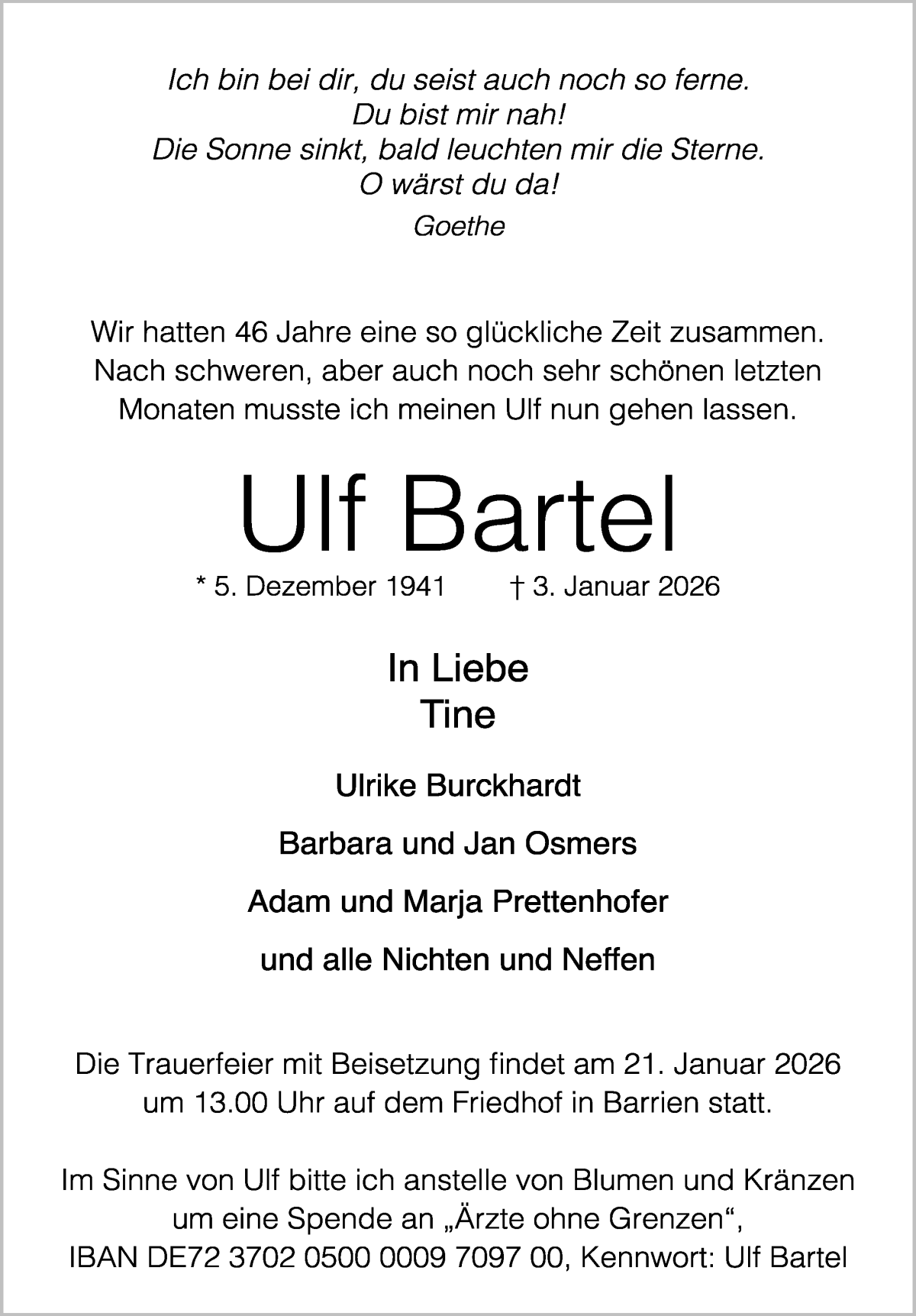 Traueranzeige von Ulf Bartel von WESER-KURIER
