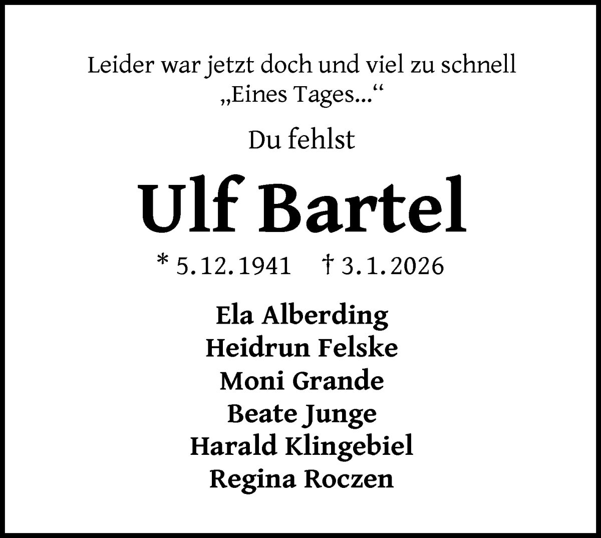 Traueranzeige von Ulf Bartel von WESER-KURIER