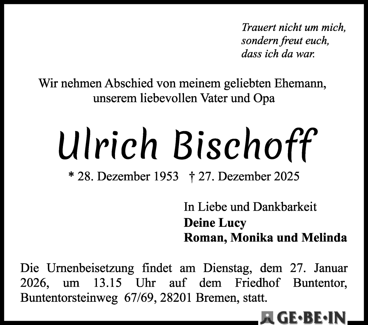  Traueranzeige für Ulrich Bischoff vom 17.01.2026 aus WESER-KURIER