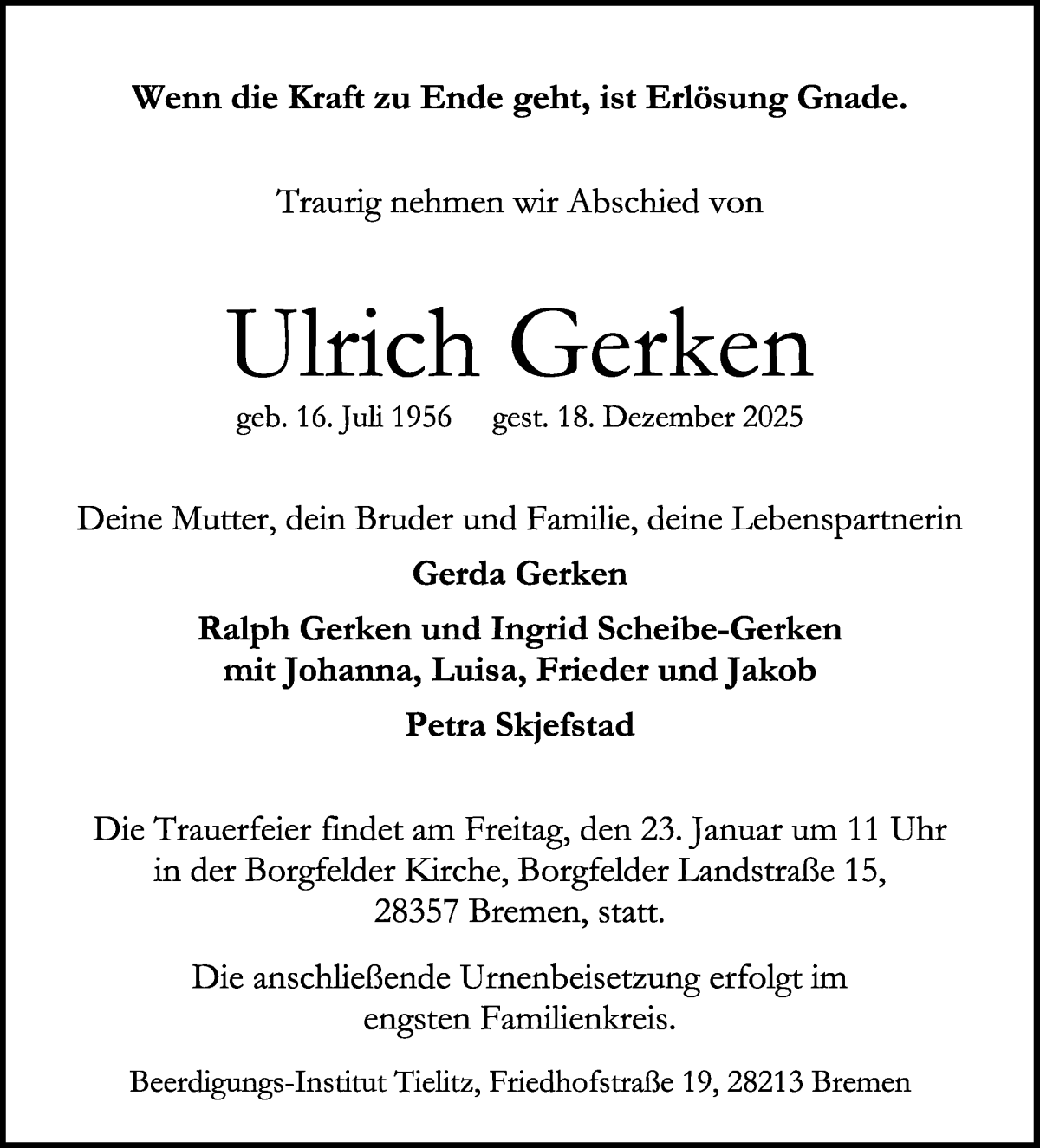 Traueranzeige von Ulrich Gerken von WESER-KURIER