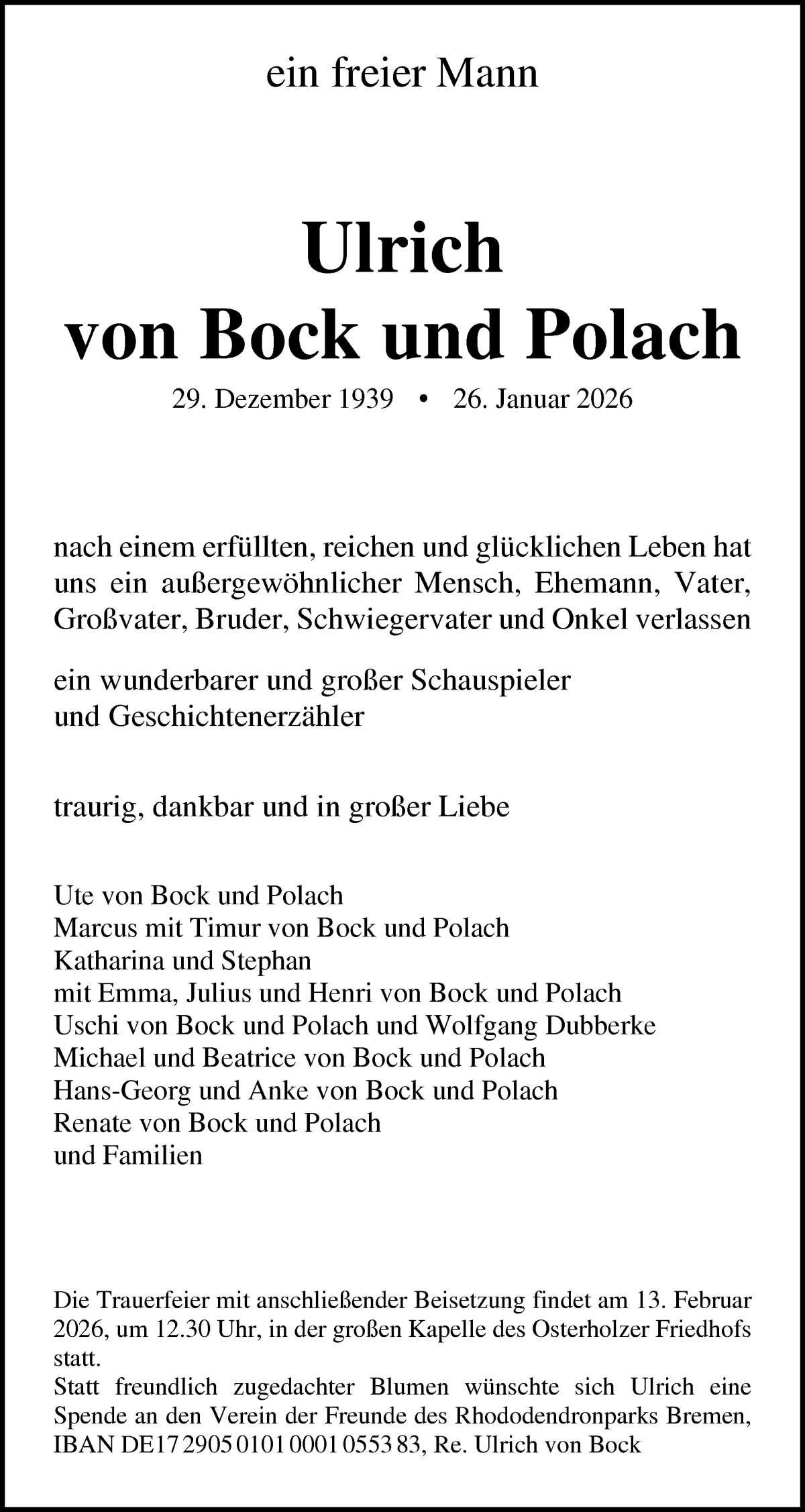  Traueranzeige für Ulrich von Bock und Polach vom 31.01.2026 aus WESER-KURIER