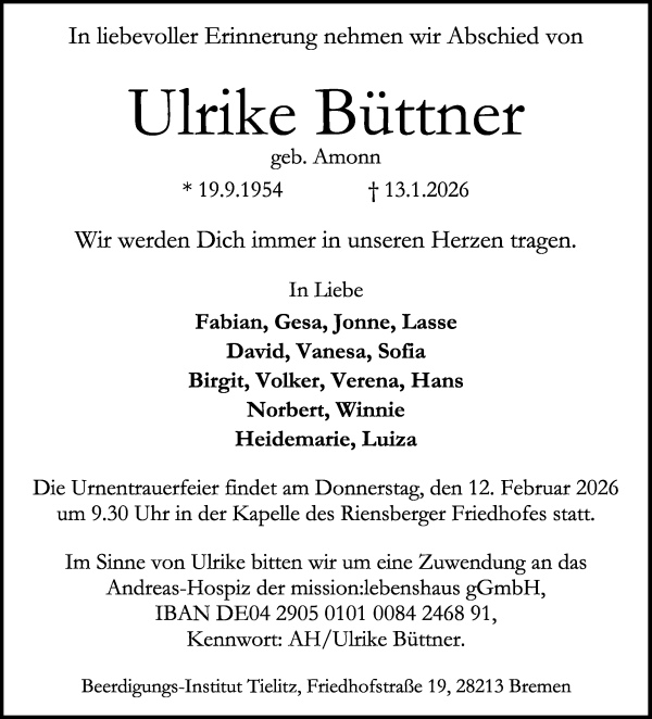 Traueranzeige von Ulrike Büttner von WESER-KURIER