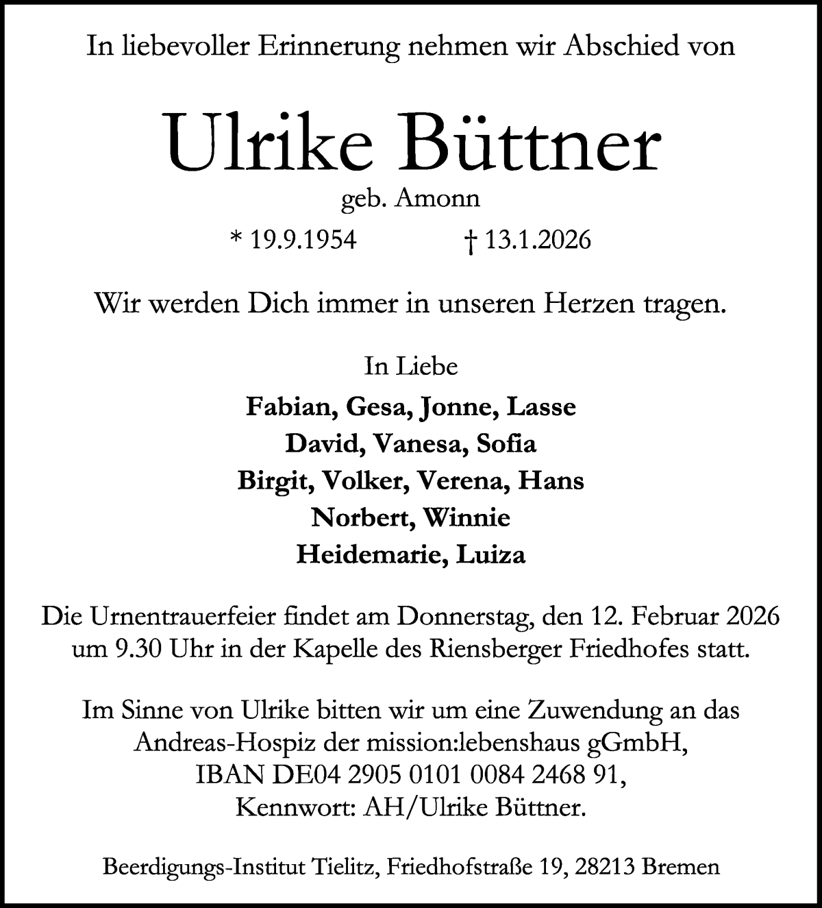Traueranzeige von Ulrike Büttner von WESER-KURIER