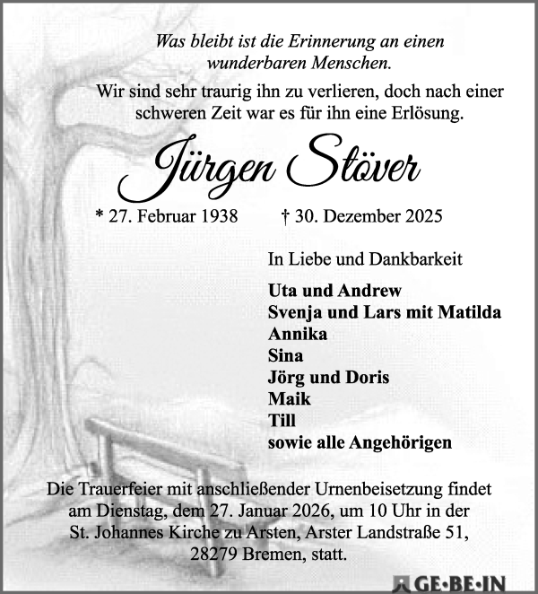 Traueranzeige von Unbekannt Unbekannt von WESER-KURIER