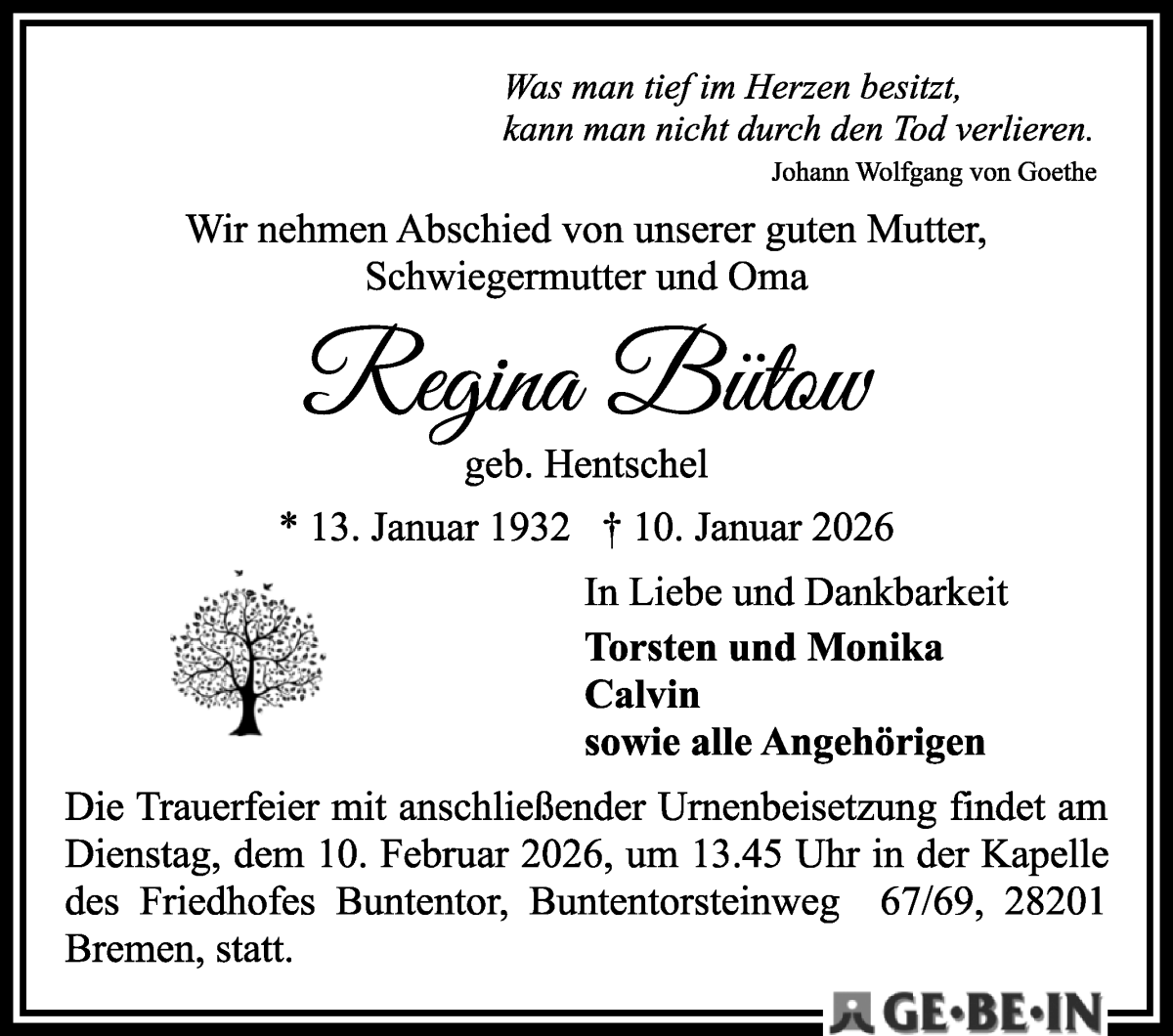 Traueranzeige von Unbekannt Unbekannt von WESER-KURIER