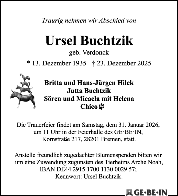 Traueranzeige von Ursel Buchtzik von WESER-KURIER